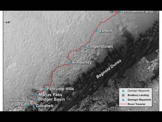 This map shows the route driven by NASA's Curiosity Mars rover from where it landed in 2012 to its location in early March 2016, approaching 'Naukluft Plateau.' As the rover continues up Mount Sharp, its science team has been refreshed by a second round of NASA participating-scientist selections.