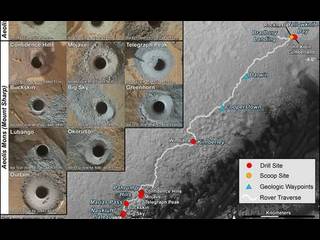 This graphic maps the first 14 sites where NASA's Curiosity Mars rover collected rock or soil samples for analysis using the rover's onboard laboratory. It also presents images of the drilled holes where 12 rock-powder samples were acquired. At the other two sites Curiosity scooped soil samples.