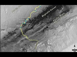 This map shows the route driven by NASA's Curiosity Mars rover from the location where it landed in August 2012 to its location in September 2016 at "Murray Buttes," and the path planned for reaching destinations at "Hematite Unit" and "Clay Unit" on lower Mount Sharp.