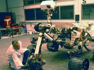 A NASA Mars Science Laboratory test rover called the Vehicle System Test Bed, or VSTB, serves as the closest double for Curiosity in evaluations of the mission's hardware and software.