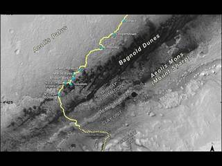 This map shows the route driven by NASA's Curiosity Mars rover from the location where it landed in August 2012 to its location in December 2016, which is in the upper half of a geological unit called the Murray formation, on lower Mount Sharp.