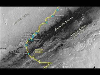 This map shows the route driven by NASA's Curiosity Mars rover, from the location where it landed in August 2012 to its location in July 2017 (Sol 1750), and its planned path to additional geological layers of lower Mount Sharp.