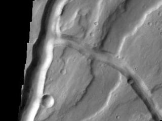 The channels in this VIS image are part of Tyrrhena Fossae on the northern flank of Tyrrhenus Mons.