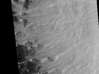 Geologically young gullies are a prime target for the HiRISE camera. Gullies are located in a variety of settings and are found all over Mars.

This "ring trough" or eroded pit crater, is located in the rugged southern highland terrain known as Noachis Terra. The HiRISE image shows the layered, boulder-rich wall rock facing to the northeast and gullies that are transporting material downslope.

The material collects into debris aprons along the walls, which often exhibit narrow channels along its surface.