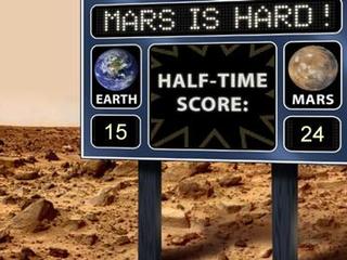 This artist's scoreboard displays a fictional game between Mars and Earth, with Mars in the lead. It refers to the success rate of sending missions to Mars, both as orbiters and landers.