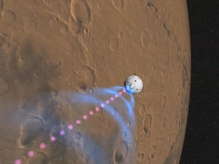 This artist's still shows how NASA's Curiosity rover will communicate with Earth during landing.