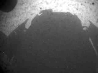 This is the first image taken by NASA's Curiosity rover, which landed on Mars the evening of Aug. 5 PDT (morning of Aug. 6 EDT).