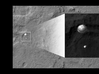 NASA's Curiosity rover and its parachute were spotted by NASA's Mars Reconnaissance Orbiter as Curiosity descended to the surface on Aug. 5 PDT (Aug. 6 EDT).