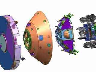 The Mars Science Laboratory flight system will consist of four major elements in three distinct phases (from left): the cruise stage, the aeroshell (heatshield and backshell), the descent stage, and the rover.