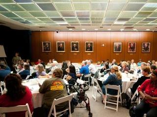 Teachers gather at NASA's Jet Propulsion Laboratory (JPL) in Pasadena, Calif., for the Curiosity Landing Educator Workshop.
