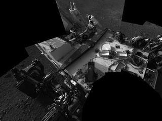 This full-resolution self-portrait shows the deck of NASA's Curiosity rover from the rover's Navigation cameras.