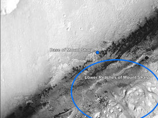 This image shows the landing site of NASA's Curiosity rover and destinations scientists want to investigate.