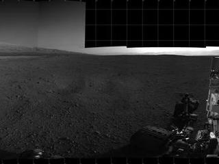 With the addition of four high-resolution Navigation Camera, or Navcam, images, taken on Aug. 18 (Sol 12), Curiosity's 360-degree landing-site panorama now includes the highest point on Mount Sharp visible from the rover.