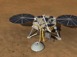 This artist's rendition shows NASA's future InSight Mars lander spacecraft on the Red Planet. The mission, which is scheduled to launch in 2016, is designed to investigate the evolution of Mars.