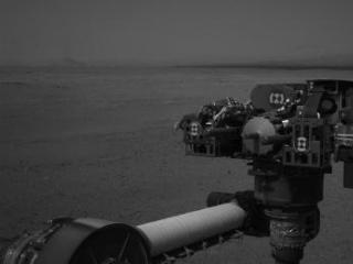 This full-resolution image from NASA's Curiosity shows the turret of tools at the end of the rover's extended robotic arm on Aug. 20, 2012. The Navigation Camera captured this view.