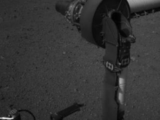 This full-resolution image from NASA's Curiosity shows the elbow joint of the rover's extended robotic arm on Aug. 20, 2012. The Navigation Camera captured this view.