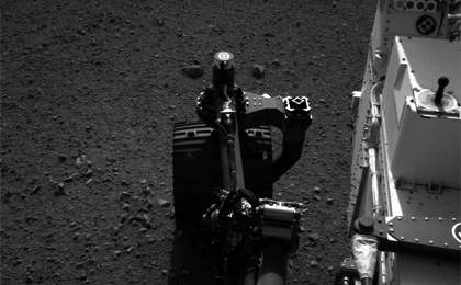 This set of images shows the movement of the rear right wheel of NASA's Curiosity as rover drivers turned the wheels in place at the landing site on Mars.