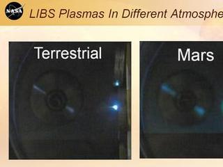 This image shows laser plasmas in a test lab at Los Alamos National Laboratory, N.M., under typical atmospheric pressures on Earth and Mars.