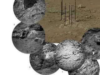This photo mosaic shows the scour mark, dubbed Goulburn, left by the thrusters on the sky crane that helped lower NASA's Curiosity rover to the Red Planet.