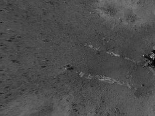 This overhead view shows evidence of a successful first test drive for NASA's Curiosity rover.
