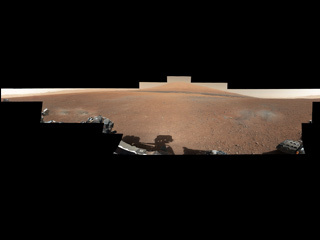 This color panorama shows a 360-degree view of the landing site of NASA's Curiosity rover, including the highest part of Mount Sharp visible to the rover. That part of Mount Sharp is approximately 12 miles (20 kilometers) away from the rover.