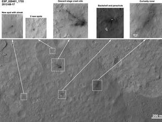 Details such as the shadow of the mast on NASA's Mars rover Curiosity appear in an image taken Aug. 17, 2012, by the High Resolution Imaging Science Experiment (HiRISE) camera on NASA's Mars Reconnaissance Orbiter, from more directly overhead than previous HiRISE images of Curiosity.