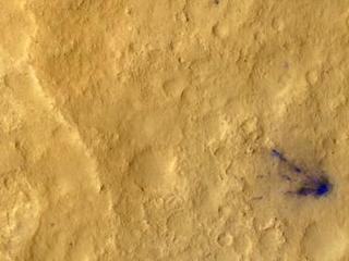After a rocket-powered descent stage, also known as the sky crane, delivered NASA's Curiosity rover to Mars on Aug. 5 PDT (Aug. 6 EDT), 2012, it flew away and fell to the surface.