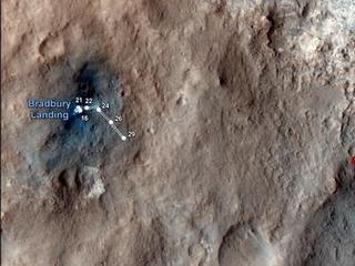 This map shows the route driven by NASA's Mars rover Curiosity through the 29th Martian day, or sol, of the rover's mission on Mars (Sept. 4, 2012).