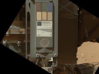 This view of the calibration target for the Mars Hand  Lens Imager (MAHLI) aboard NASA's Mars rover Curiosity combines two images taken by that camera during the 34th Martian day, or sol, of Curiosity's work on Mars (Sept. 9, 2012).