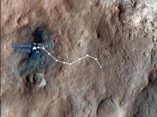 This map shows the route driven by NASA's Mars rover Curiosity through the 43rd Martian day, or sol, of the rover's mission on Mars (Sept. 19, 2012).