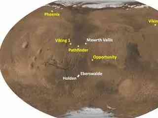 This image shows a globe of Mars with the locations of the four proposed landing sites noted in white font and the locations of prior landed missions in yellow font.  Prior landed missions include:  Viking 1 and 2, Pathfinder, Spirit, Opportunity, and Phoenix.  Proposed MSL landing sites include:  Mawrth Vallis, Gale Crater, Holden Crater, and Eberswalde Crater.
