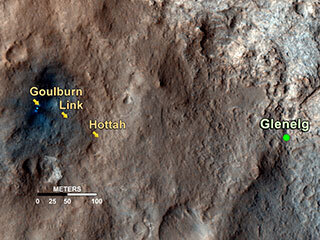 This map shows the path on Mars of NASA's Curiosity rover toward Glenelg, an area where three terrains of scientific interest converge.