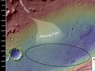 This image shows the topography, with shading added, around the area where NASA's Curiosity rover landed on Aug. 5 PDT (Aug. 6 EDT).