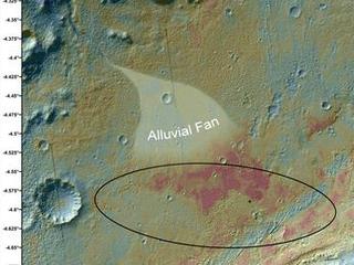 This false-color map shows the area within Gale Crater on Mars, where NASA's Curiosity rover landed on Aug. 5, 2012 PDT (Aug. 6, 2012 EDT).