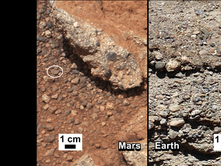 This set of images compares the Link outcrop of rocks on Mars (left) with similar rocks seen on Earth (right).