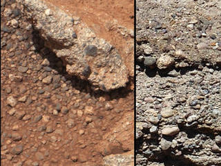 This set of images compares the Link outcrop of rocks on Mars (left) with similar rocks seen on Earth (right).