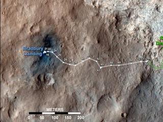 This map shows the route driven by NASA's Mars rover Curiosity through the 56th Martian day, or sol, of the rover's mission on Mars (Oct. 2, 2012).