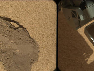 This pairing illustrates the first time that NASA's Mars rover Curiosity collected a scoop of soil on Mars.