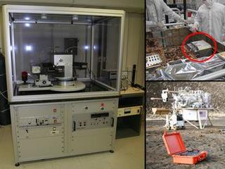 A conventional X-ray diffraction instrument (left) is the size of a large refrigerator, in contrast to the compact size of the Chemistry and Mineralogy (CheMin) instrument on NASA's Curiosity rover (top right) and the spin-off commercial portable instrument (lower right, orange case).