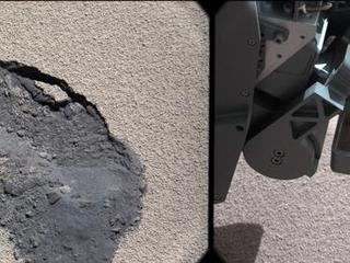 This pair of images shows a "bite mark" where NASA's Curiosity rover scooped up some Martian soil (left), and the scoop carrying soil.