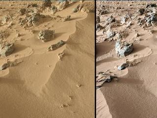 This pair of images from the Mast Camera on NASA's Curiosity rover shows the upper portion of a wind-blown deposit dubbed "Rocknest."