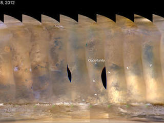 This nearly global mosaic of observations made by the Mars Color Imager on NASA's Mars Reconnaissance Orbiter on Nov. 18, 2012, shows a dust storm in Mars' southern hemisphere.
