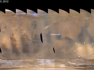 A regional dust storm visible in the southern hemisphere of Mars in this nearly global mosaic of observations made by the Mars Color Imager on NASA's Mars Reconnaissance Orbiter on Nov. 25, 2012.