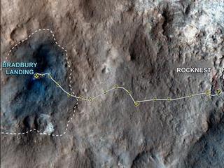 This map shows where NASA's Mars rover Curiosity has driven since landing at a site subsequently named "Bradbury Landing," and traveling to an overlook position near beside "Point Lake," in drives totaling 1,703 feet (519 meters).