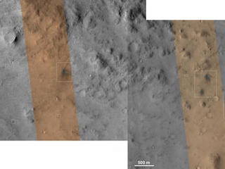 These images from the NASA Mars Reconnaissance Orbiter show several impact scars on Mars made by pieces of the NASA Mars Science Laboratory spacecraft that the spacecraft shed just before entering the Martian atmosphere.