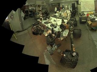 Camera and robotic-arm maneuvers for taking a self-portrait of the NASA Curiosity rover on Mars were checked first, at NASA's Jet Propulsion Laboratory in Pasadena, Calif., using the main test rover for the Curiosity.