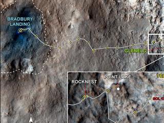 This map traces where NASA's Mars rover Curiosity drove between landing at a site subsequently named "Bradbury Landing," and the position reached during the mission's 123rd Martian day, or sol, (Dec. 10, 2012).