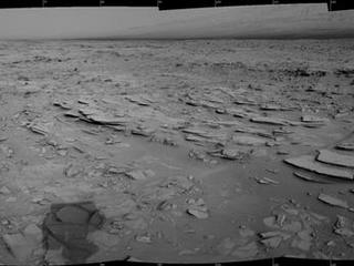 The NASA Mars rover Curiosity used its Navigation Camera (Navcam) during the mission's 120th Martian day, or sol (Dec. 7, 2012), to record the seven images combined into this panoramic view.