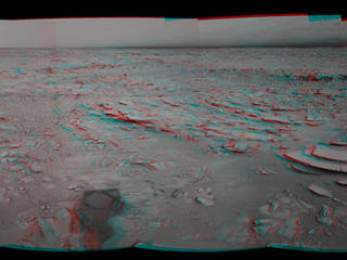 This stereo panoramic view combines 14 images taken by the Navigation Camera (Navcam) on the NASA Mars rover Curiosity during the mission's 120th Martian day, or sol (Dec. 7, 2012).