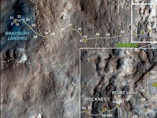 This map traces where NASA's Mars rover Curiosity drove between landing at a site subsequently named "Bradbury Landing," and the position reached during the mission's 130th Martian day, or sol, (Dec. 17, 2012).